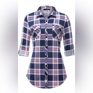 Women’s Navy and Pink Plaid Button-Down Shirt US Size L Worn Once